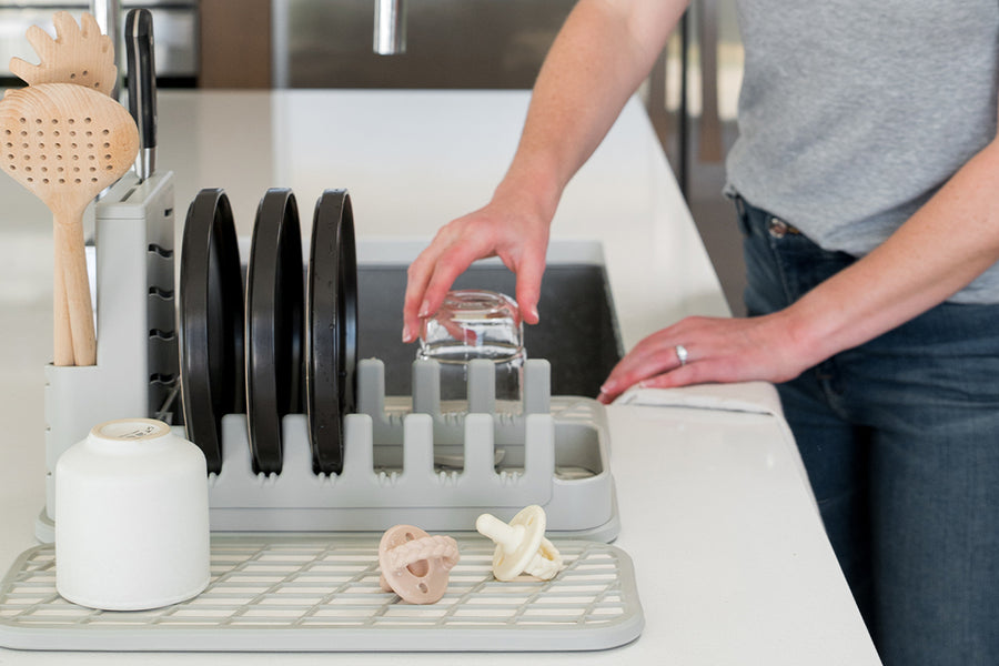 Dorai Dish Pad + Rack Bundle displayed on a kitchen countertop.
