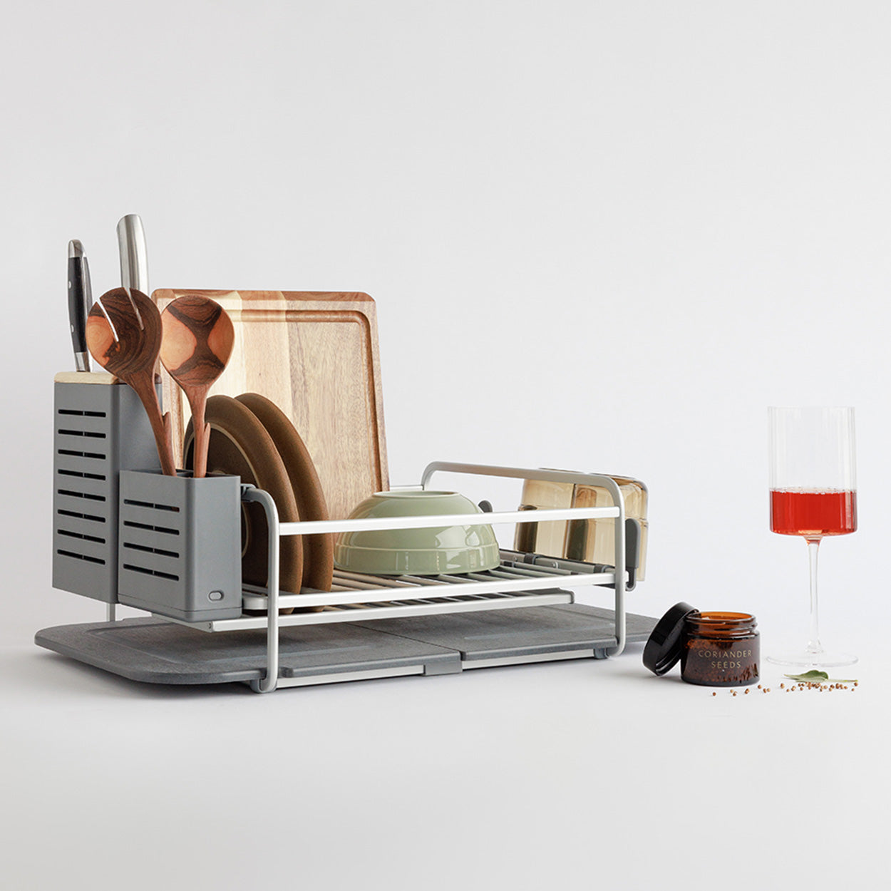 silver and grey dish rack with utensil holder and knife holder