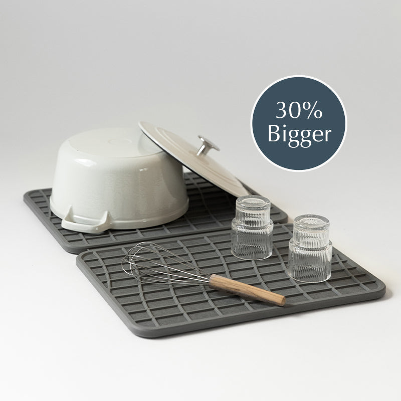30% bigger large dish pad in slate with pots and glasses being dried