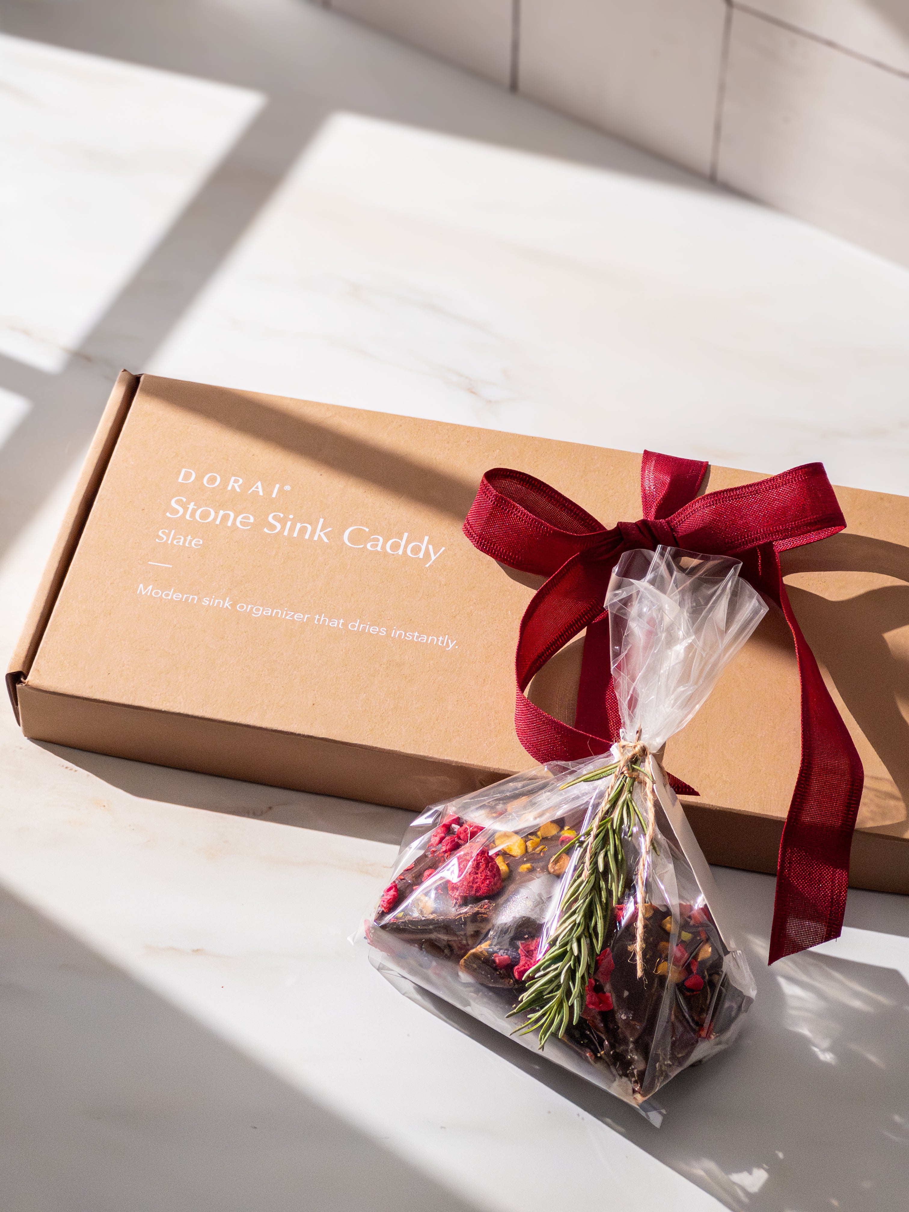 chocolate bark with stone sink caddy