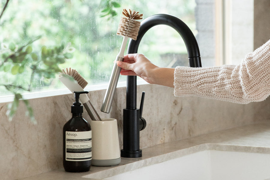 Dorai Sandstone Brush Holder presented in the kitchen.