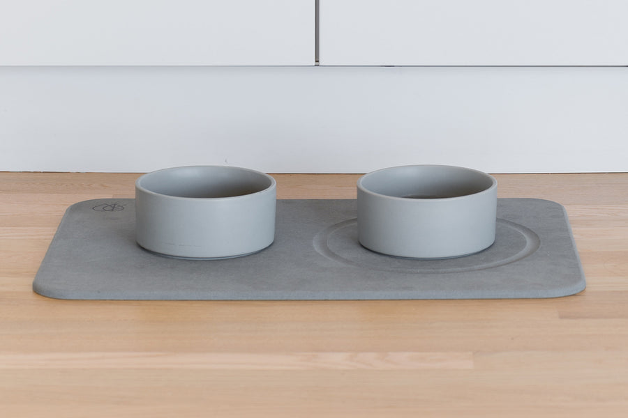 Dorai ceramic Dog Bowls and Stone base mat in Slate color.