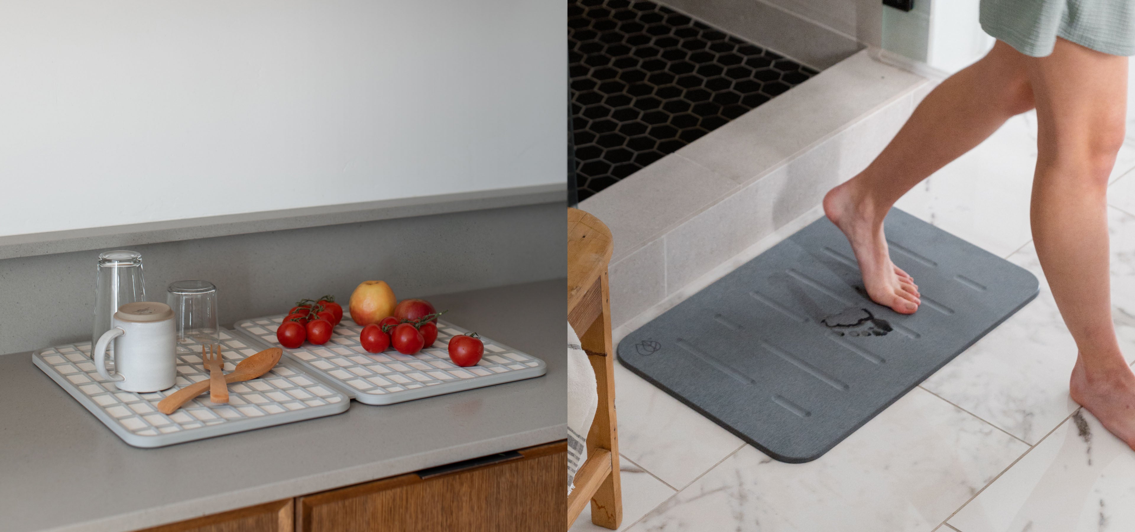 Friends and Family Sale with Modern Bath Stone and Quick-Dry Large Dish Pad with produce and dishes. 
