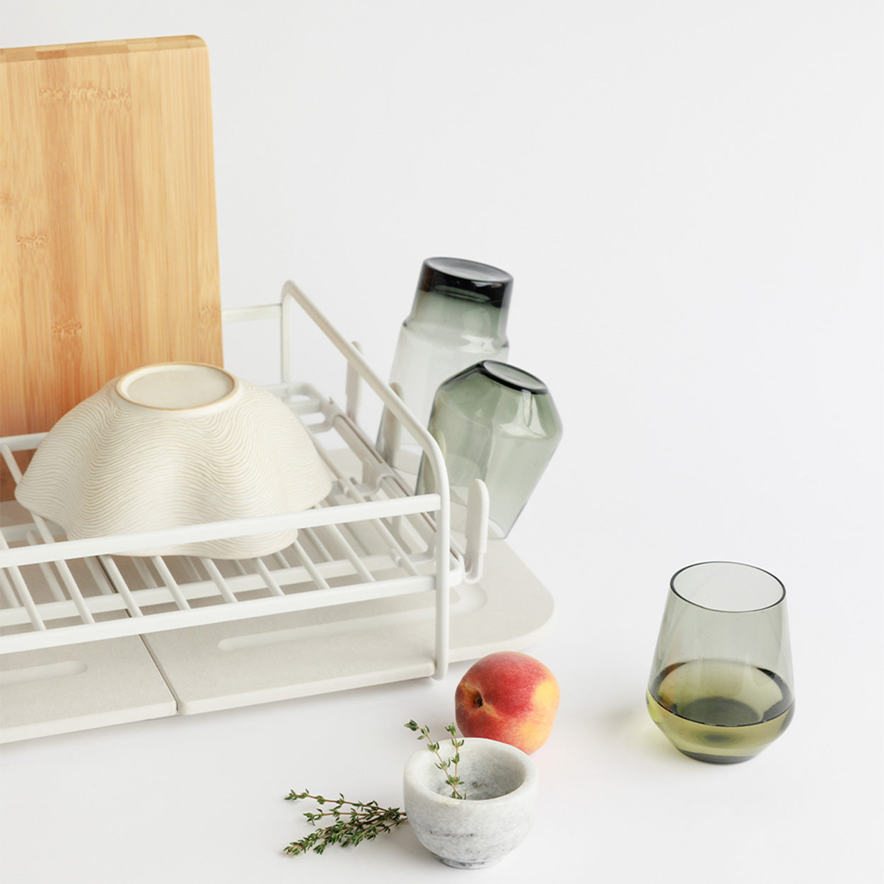 dish drying rack with glasses