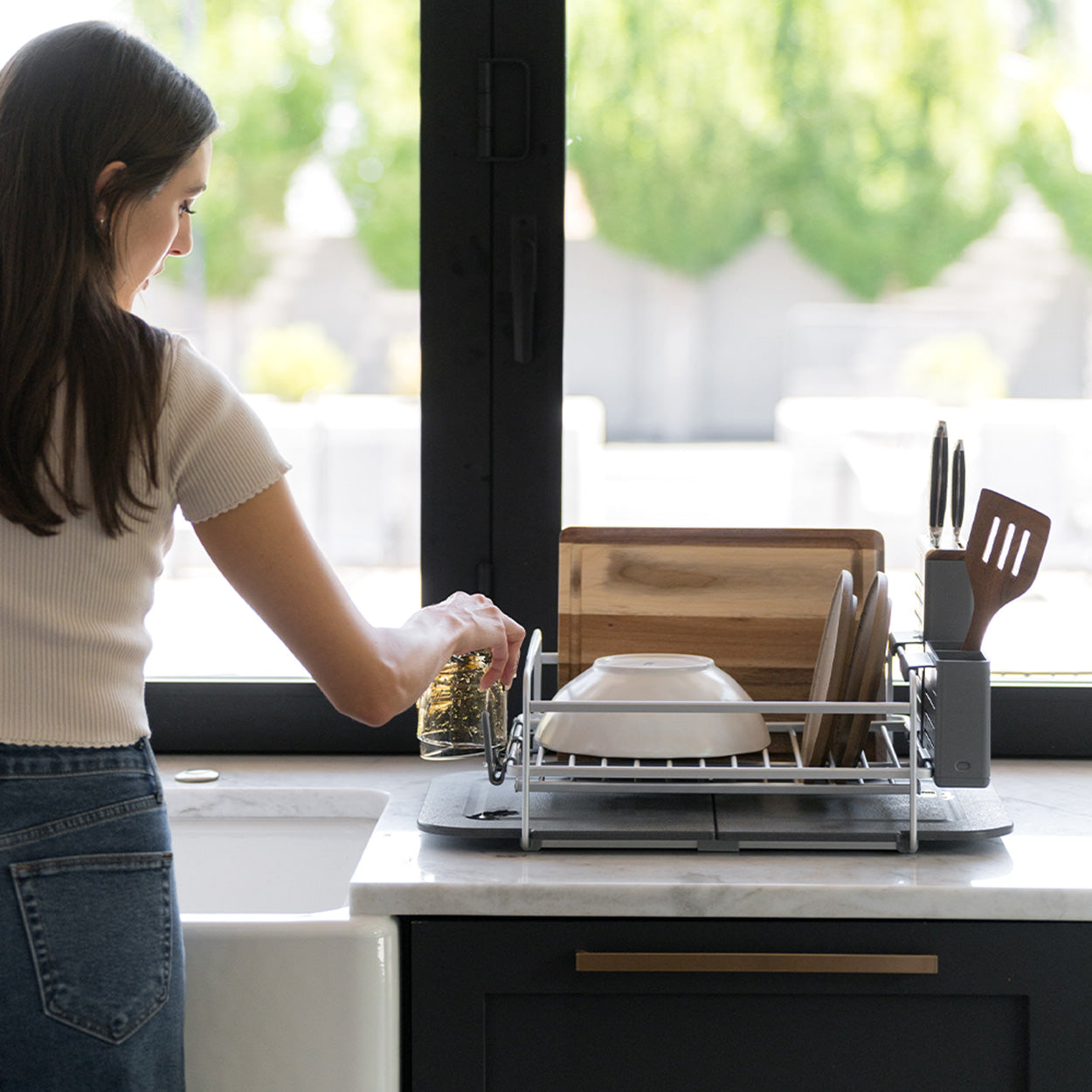 kitchen counter with dish rack