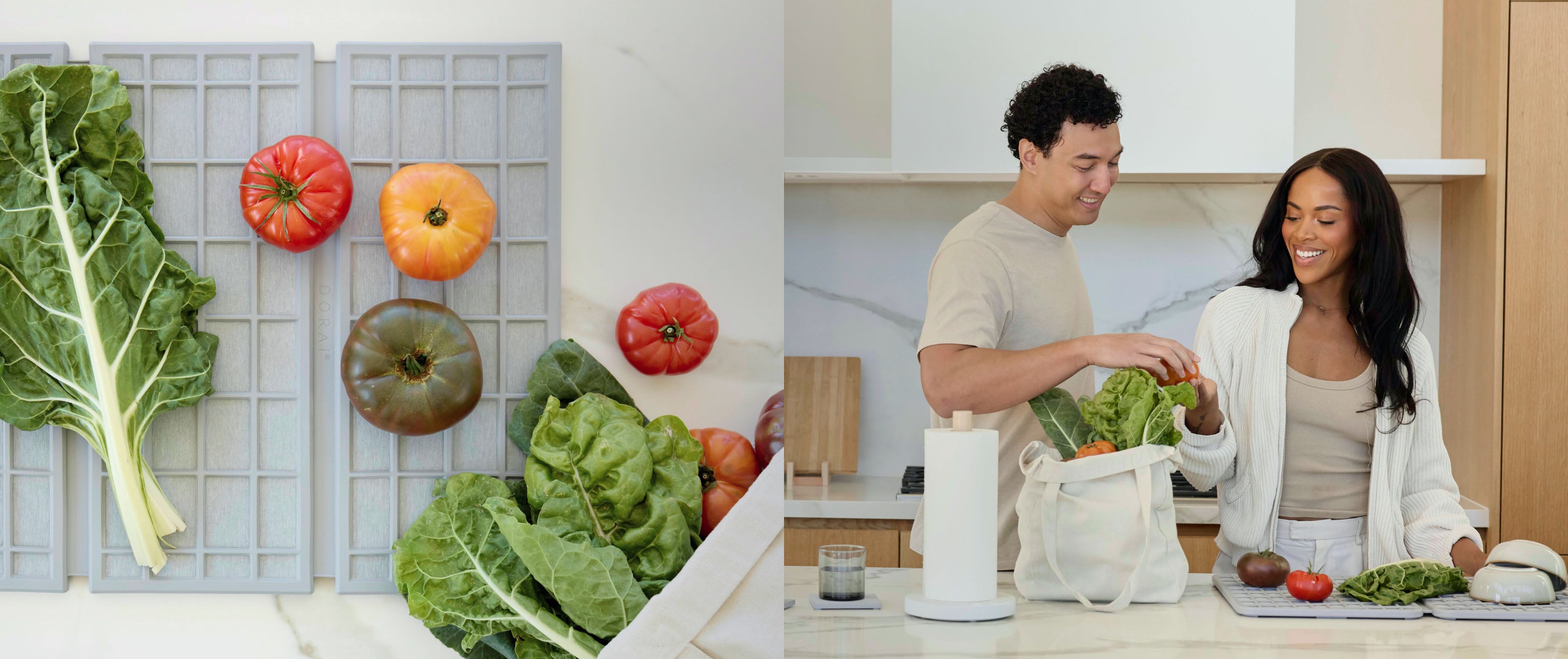 Fresh vegetables on a quick-drying Dorai dish pad for summer in beautiful, modern kitchen. 