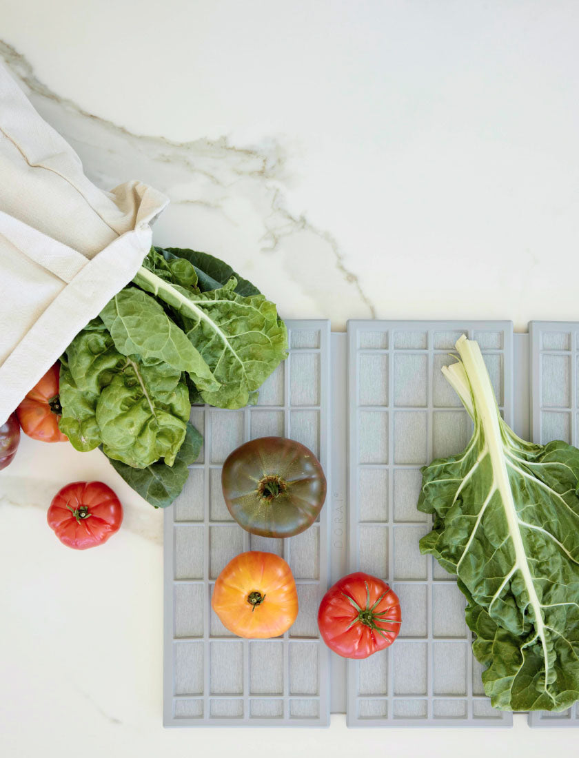 Fresh vegetables on a quick-drying Dorai dish pad for summer.