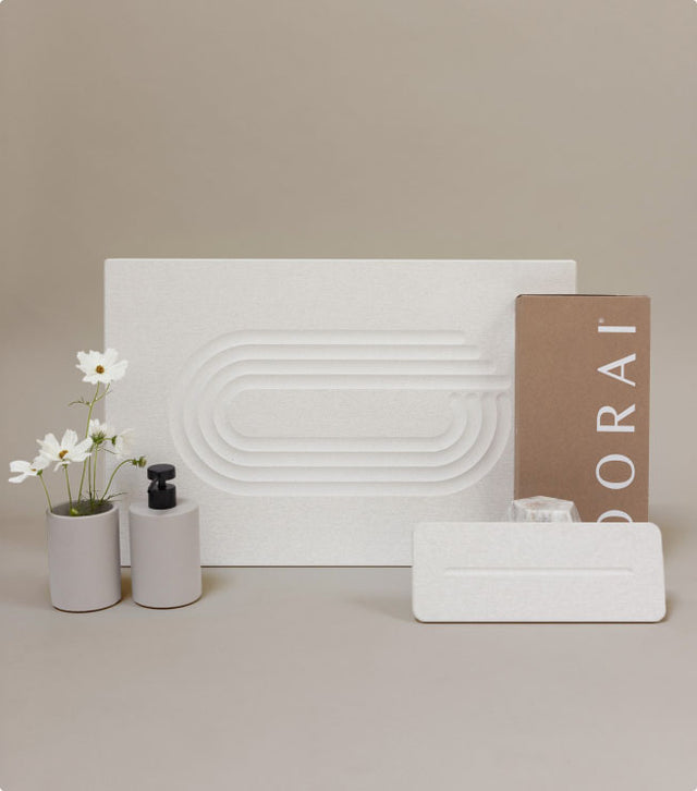 Dorai bathroom set including bath mat and quick drying sink caddy. 