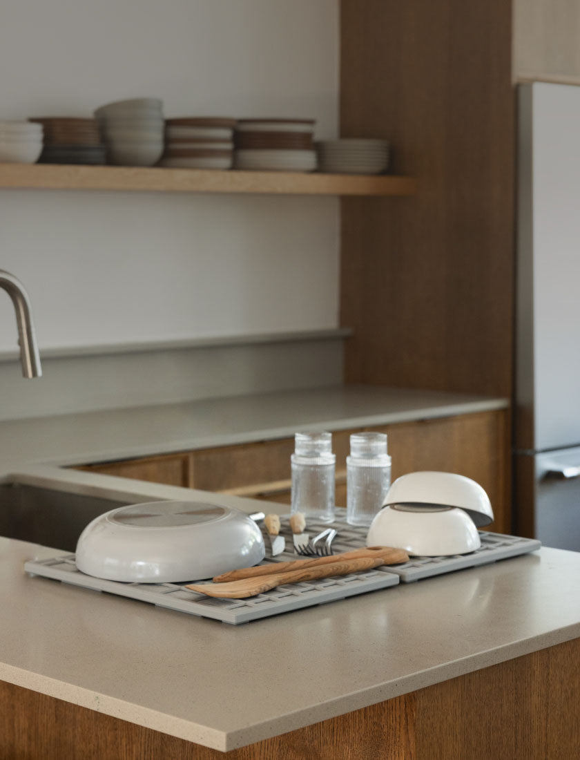 Back to School Sale with Dorai Large Dish Pad in kitchen with dishes.