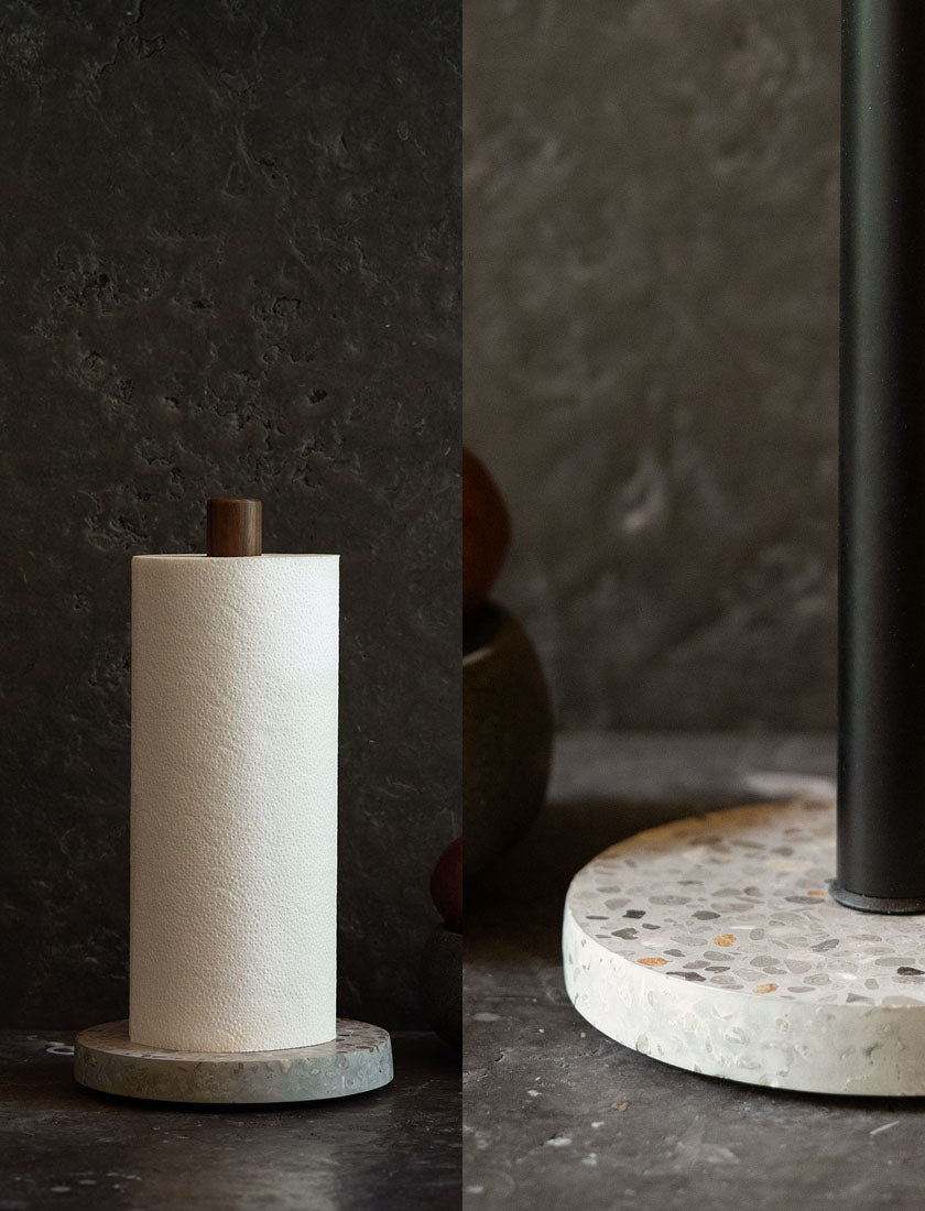 Dorai Home New Basalt Paper Towel Holder with tight shot of base.