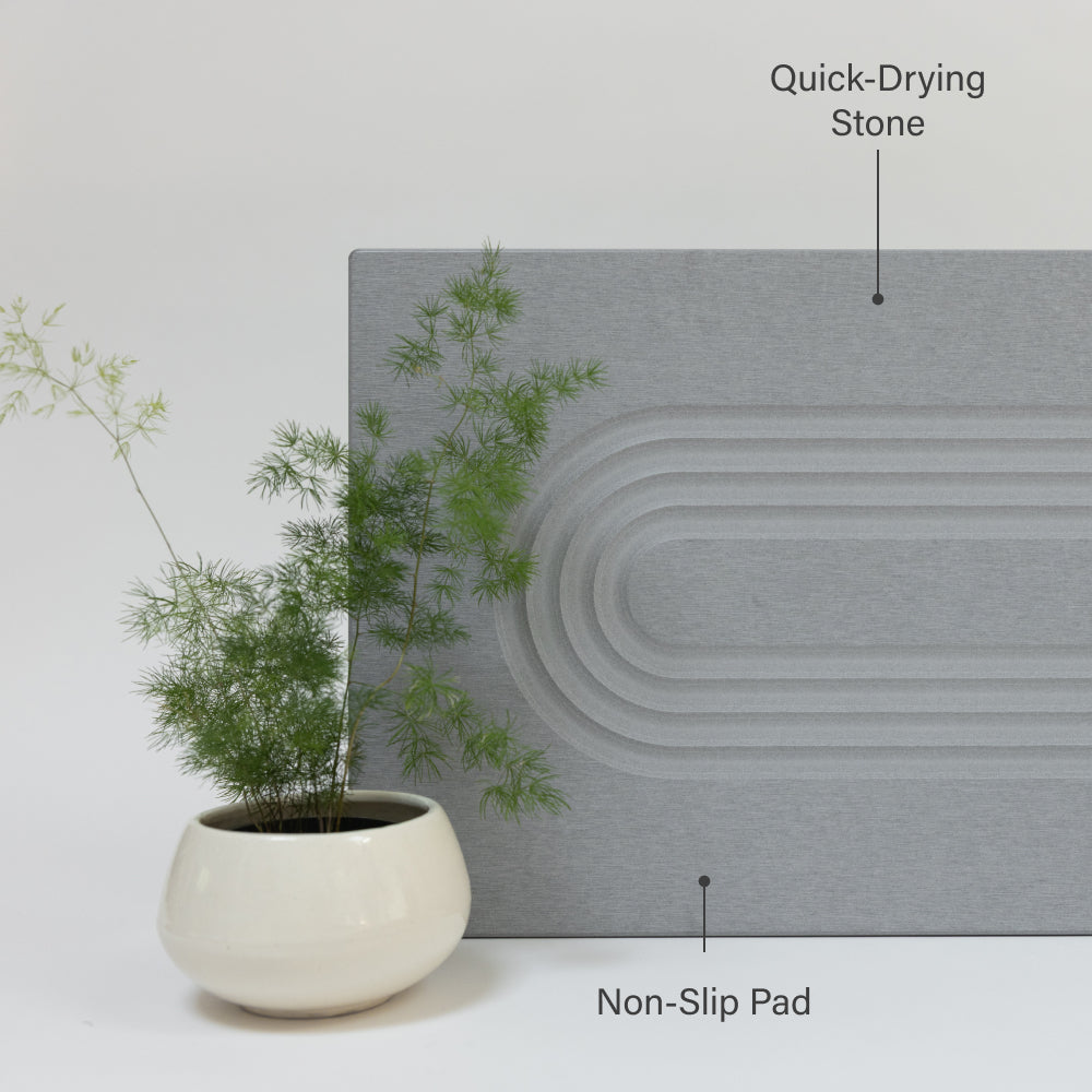 Gray stone with non-slip pad and quick-drying stone labeled, next to a potted plant on a white background
