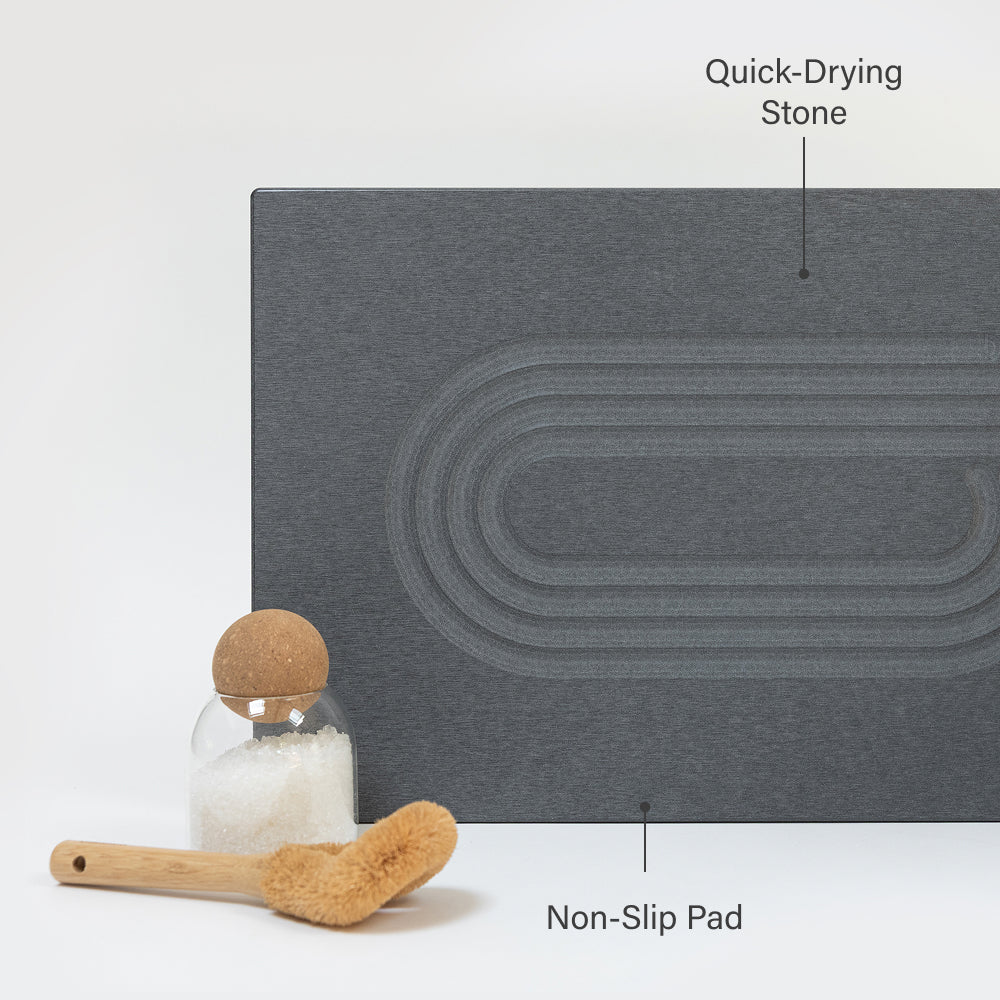 Gray mat with quick-drying stone and non-slip pad labeled, on a light gray background
