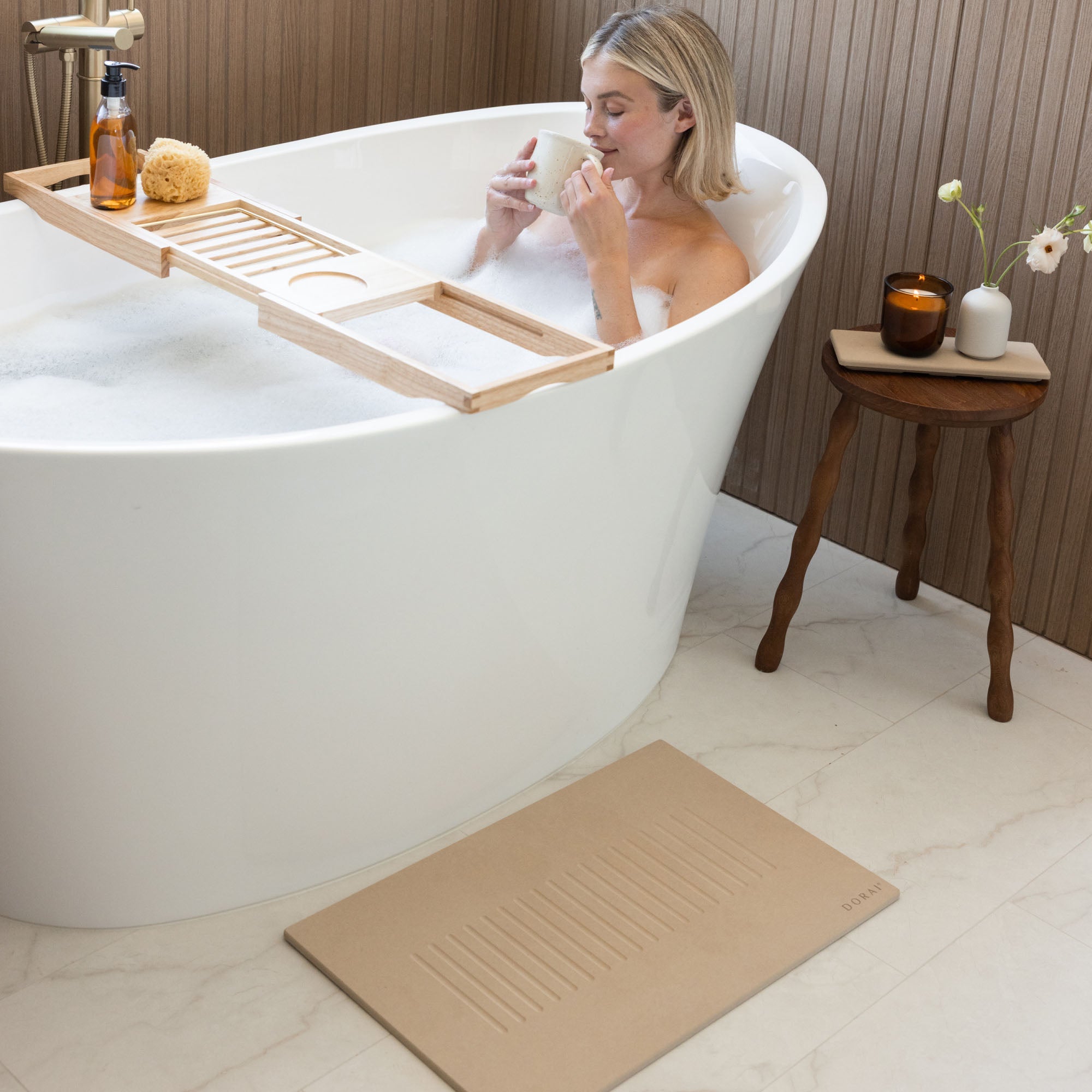 Aspen Clay Bath Stone Mat is perfect for spa retreat in modern bathroom.