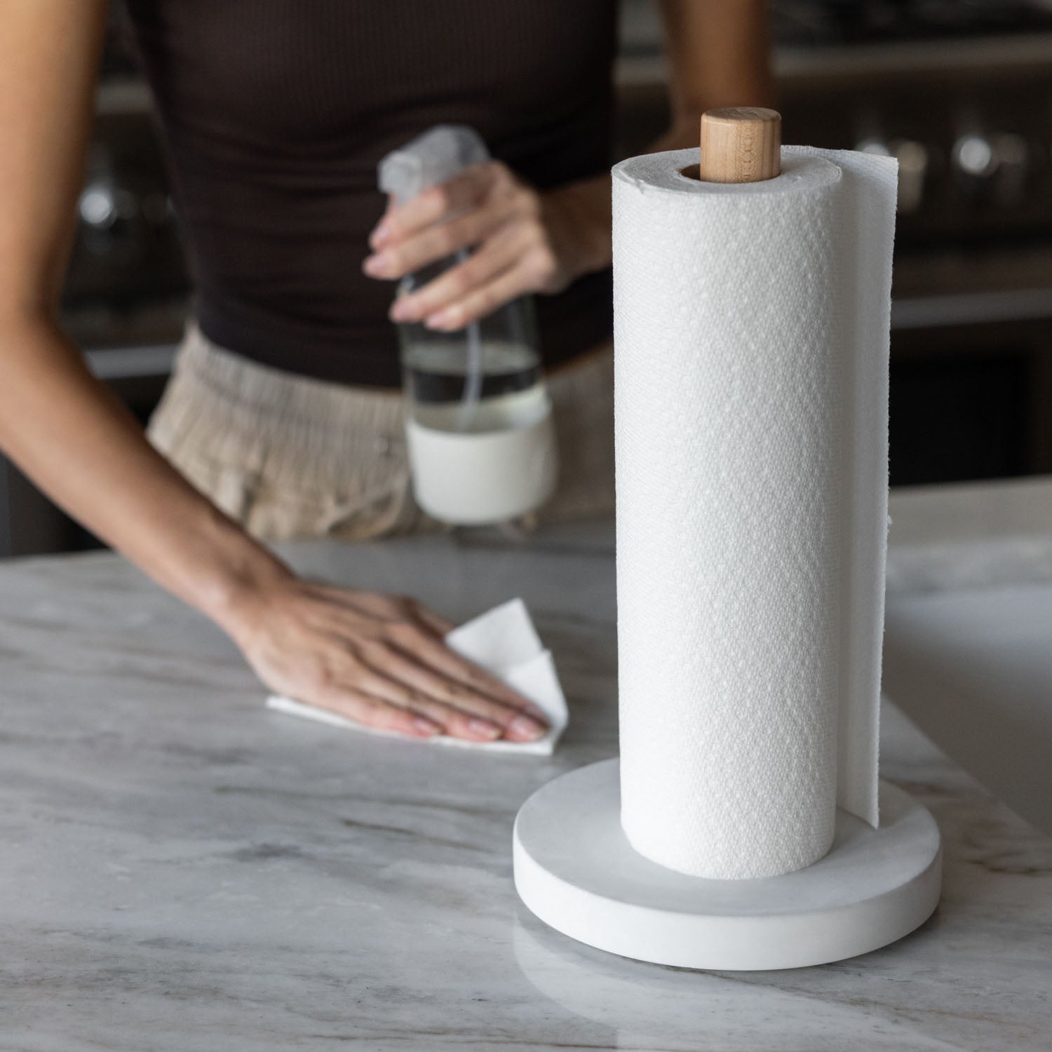 woman cleaning counter with paper towel close to modern paper towel holder with wooden topper