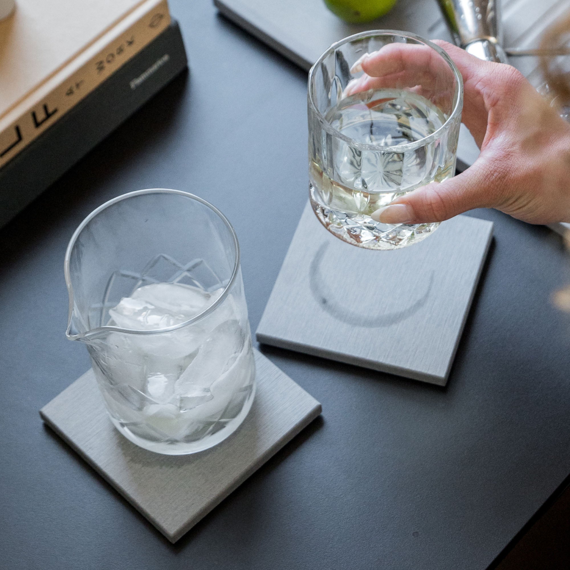 Large Ash Coasters with pitcher and cup protecting table from water rings. 