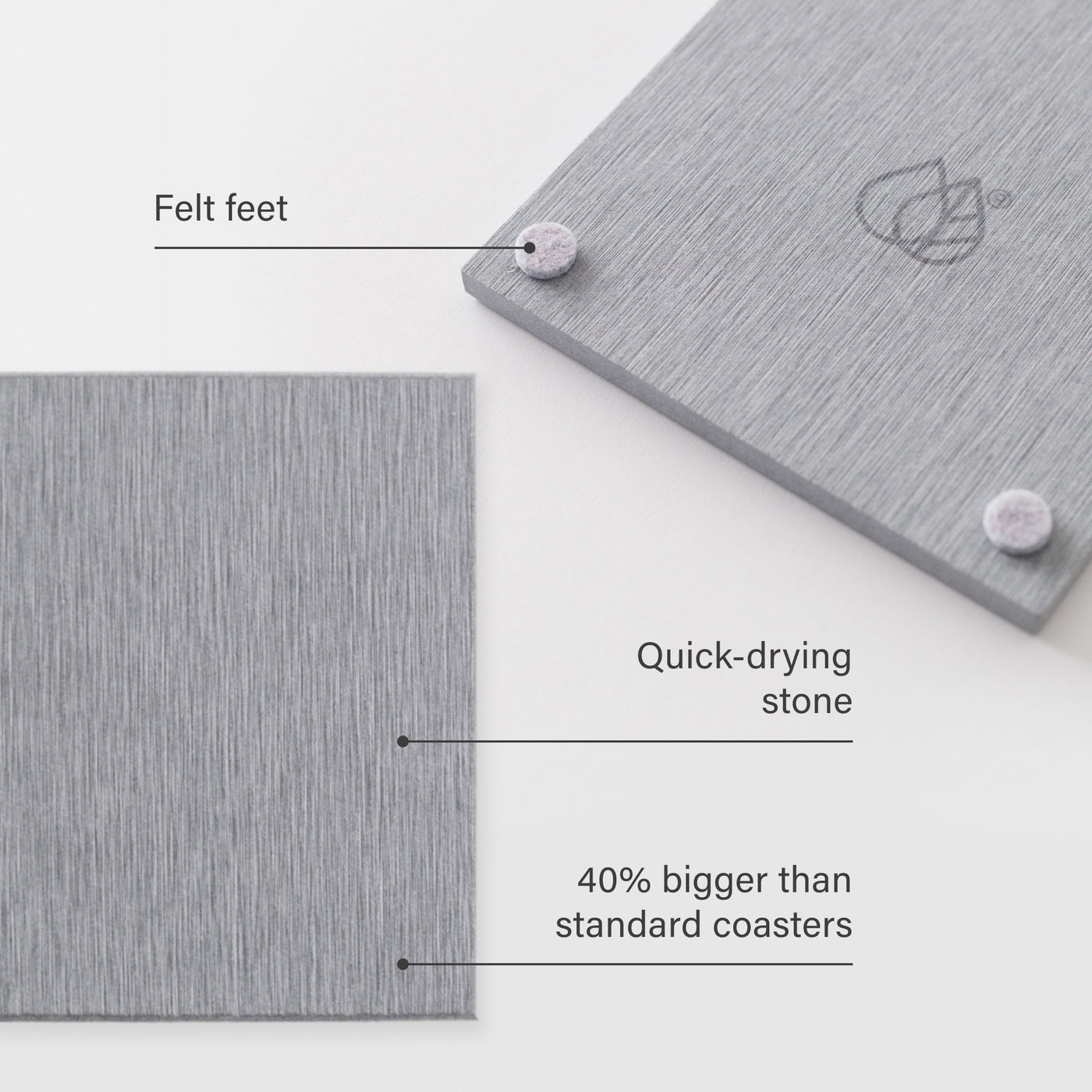 Large Ash Coaster: Felt Feet, Quick-drying stone, 40% bigger than standard coasters. 
