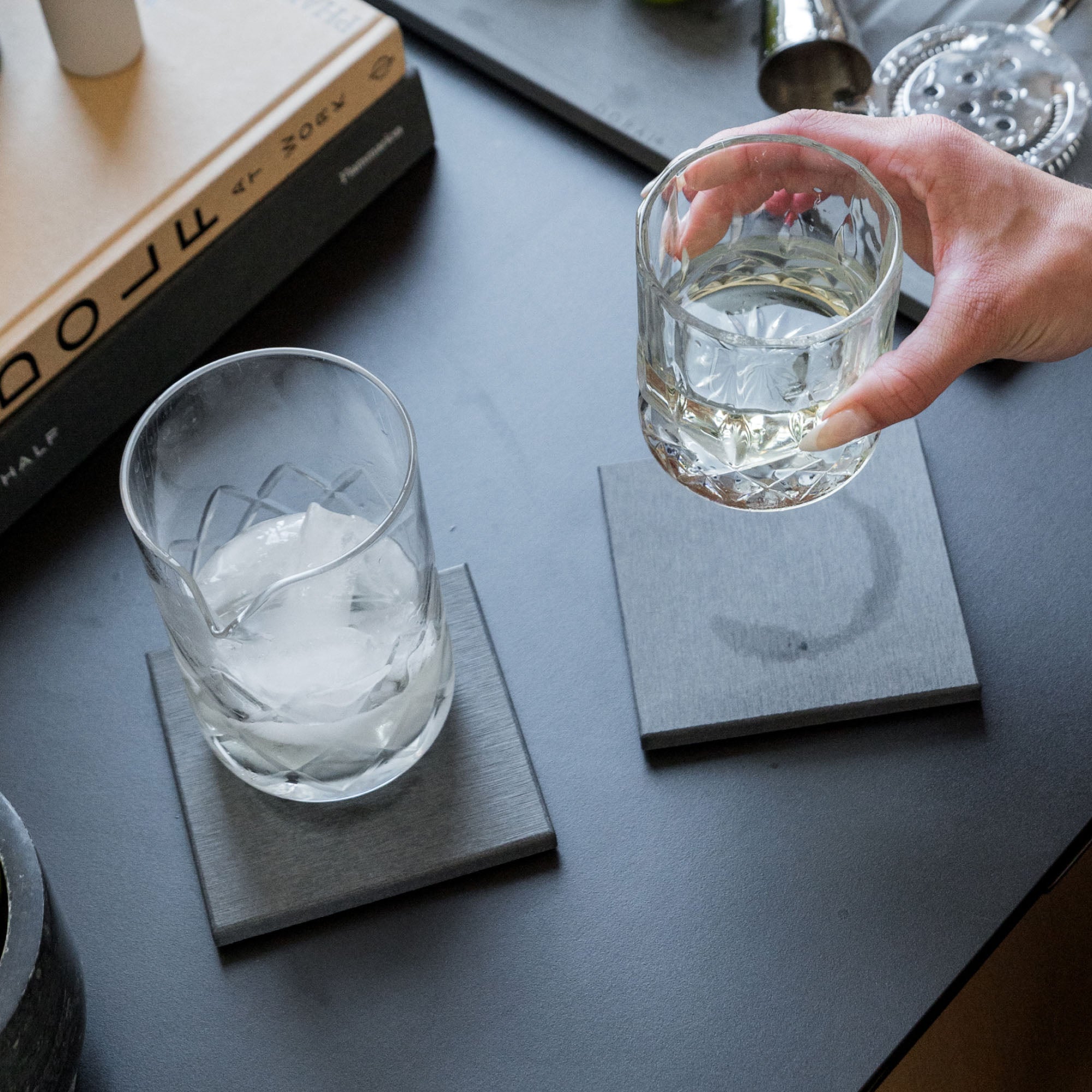 Large Slate Coasters with pitcher and cup protecting table from water rings.