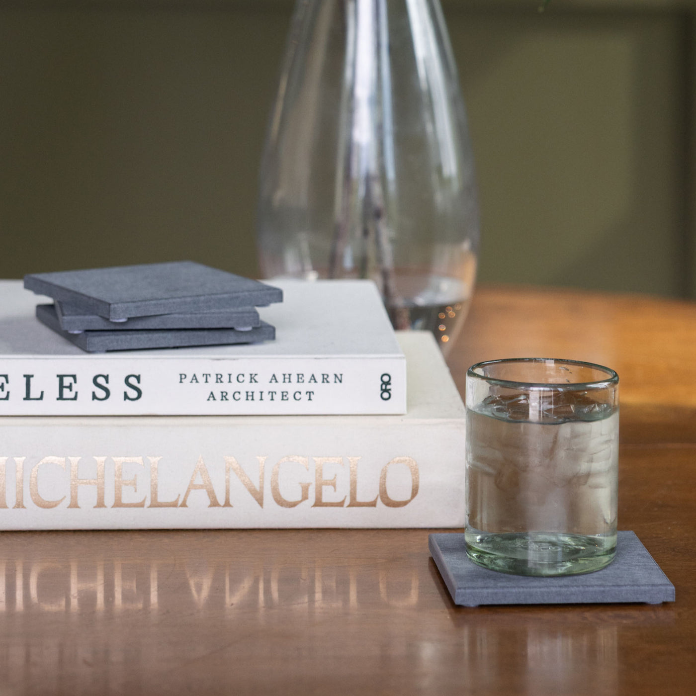 Large Slate Coaster with icy drink and table stays dry and protected. 
