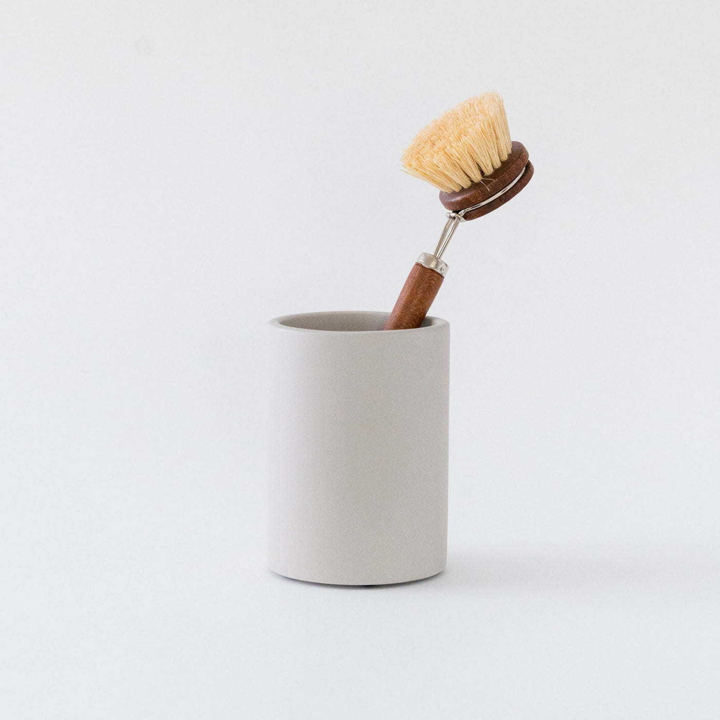 Concrete Brush Holder in Grey with dish brush. 