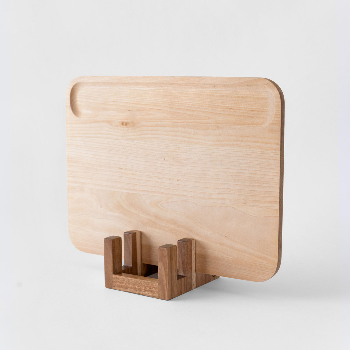 Acacia Cutting Board Holder with cutting board. 