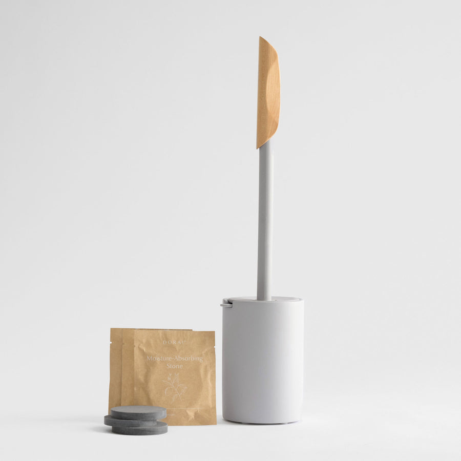 White modern toilet brush cleaner and holder with maple handle. 