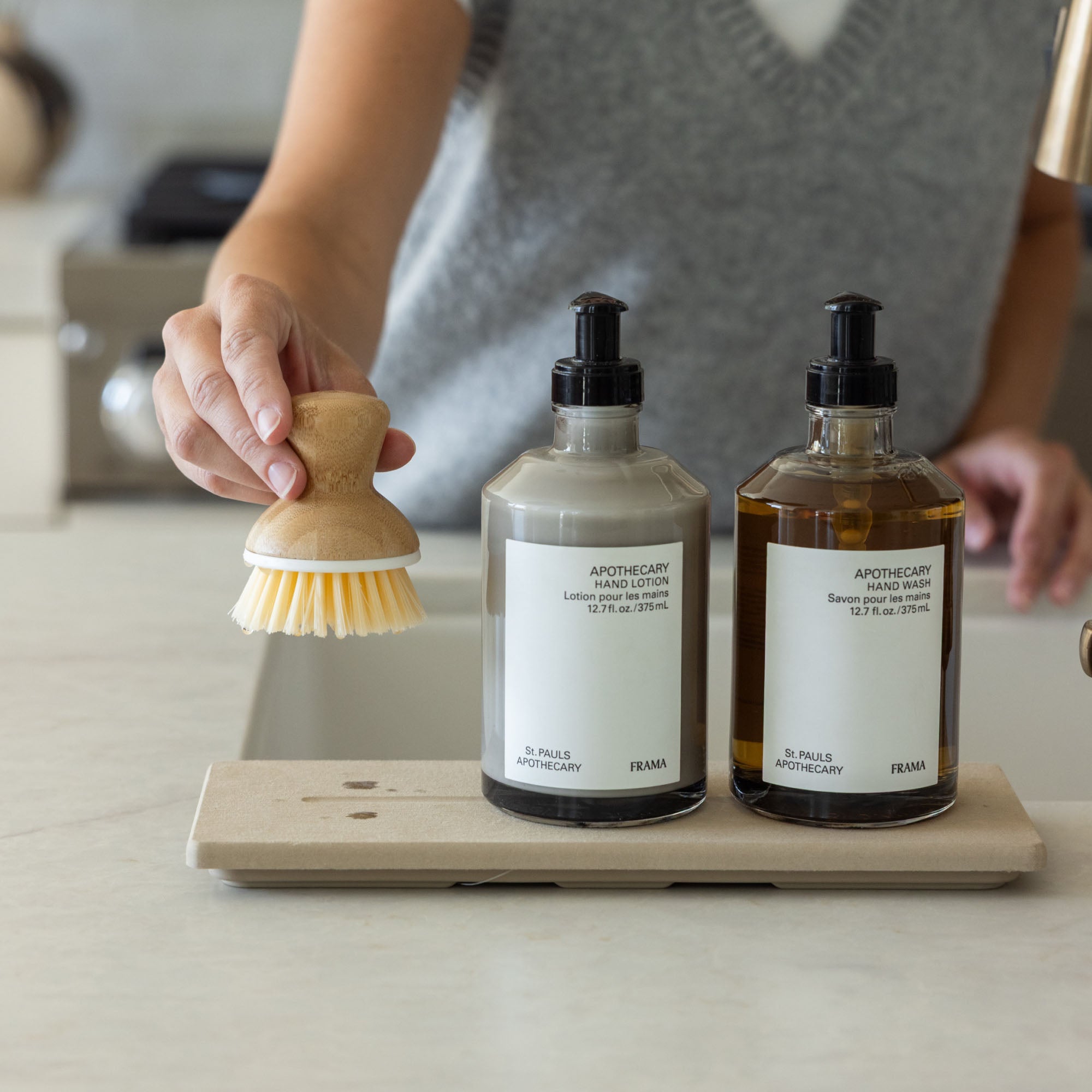 Clay Stone Sink Caddy with soaps and scrubby in kitchen. | Pre-Order Clay