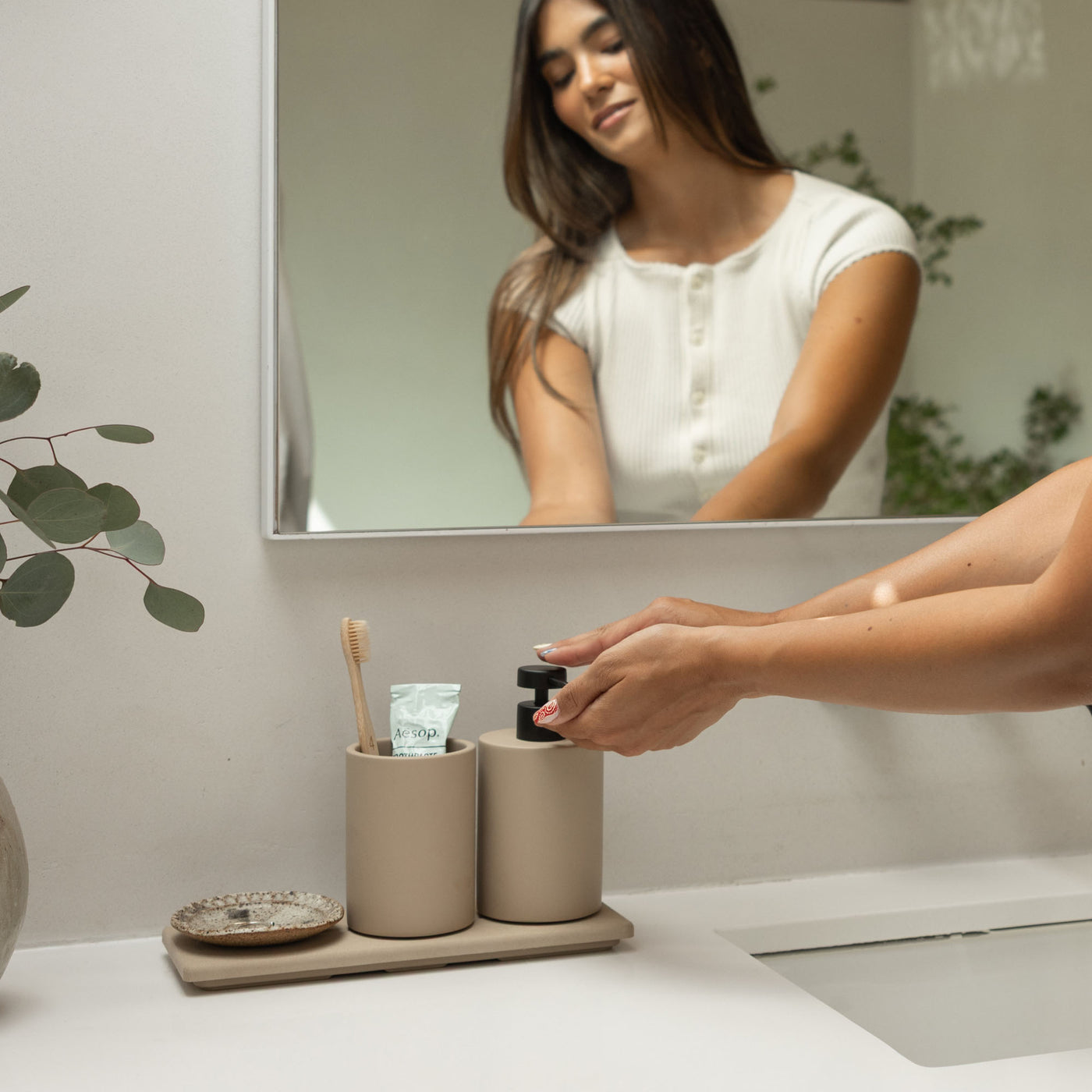 Clay Stone Sink Caddy with Concrete Soap Dispenser and Dish Brush Holder. 