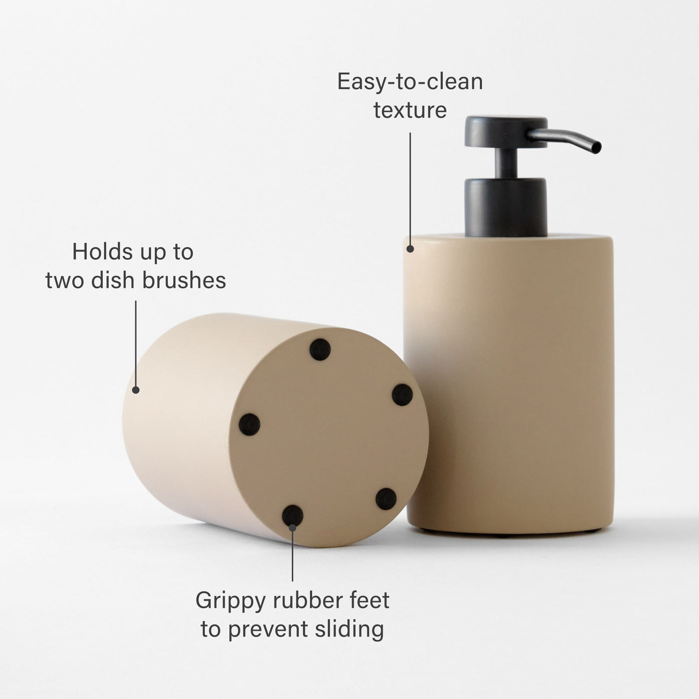 Holds up to two dish brushes, grippy rubber feet to prevent sliding, and easy-to-clean texture in taupe brush holder and soap dispenser.