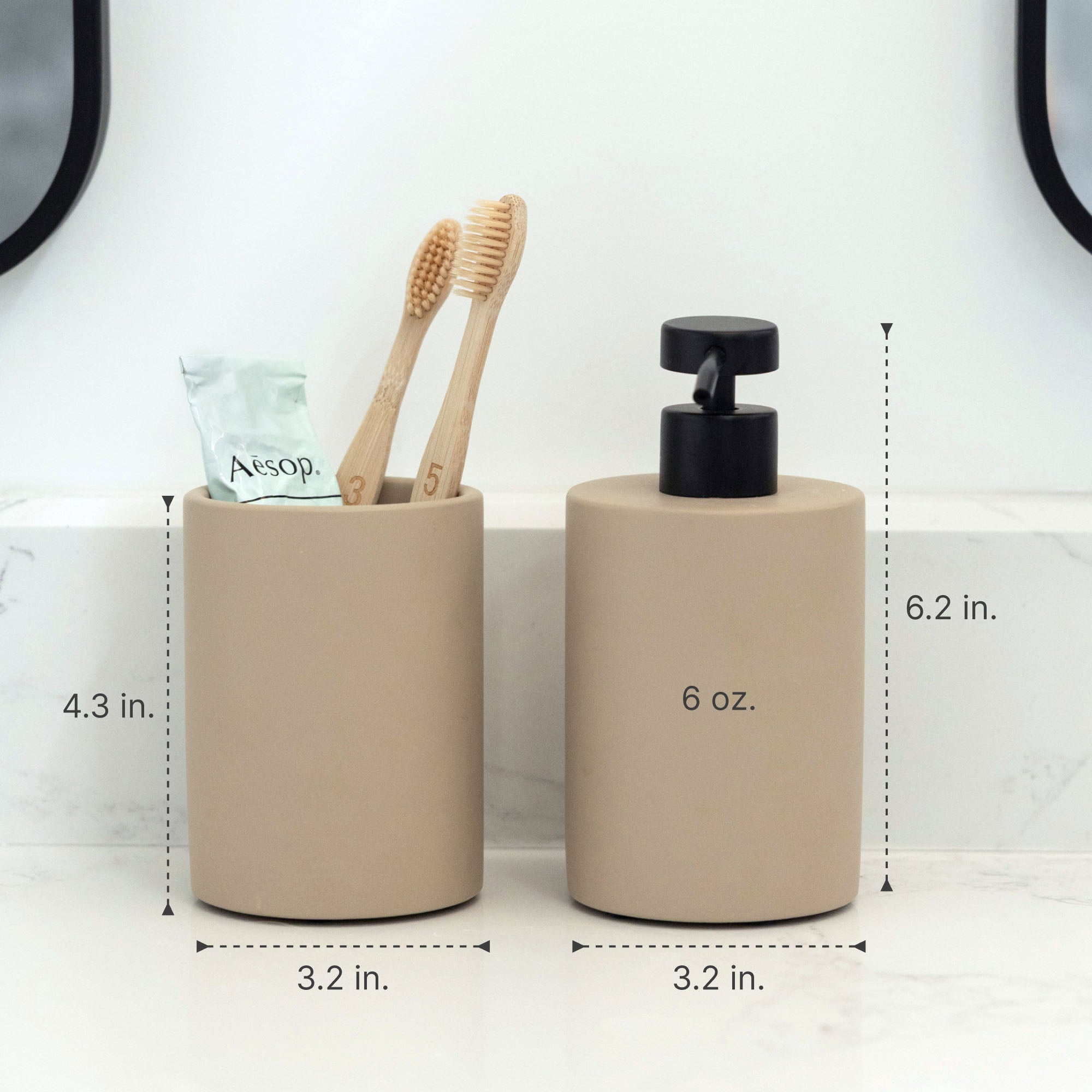 Dimensions of taupe brush holder (4.3 x 3.2 in) and soap holder (6 oz).