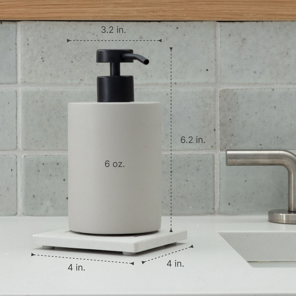 Sandstone Soap Dispenser and Soap Caddy: 3.2" x 6.2" x 4". Holds 6 oz of soap. 
