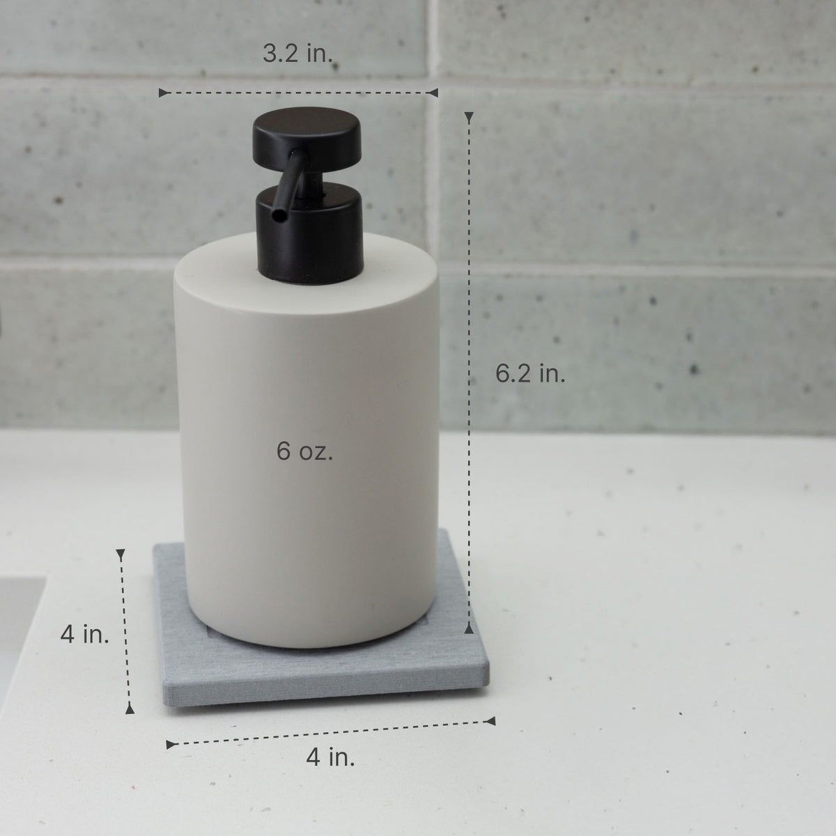 Ash Soap Dispenser and Soap Caddy: 3.2" x 6.2" x 4". Holds 6 oz of soap. 