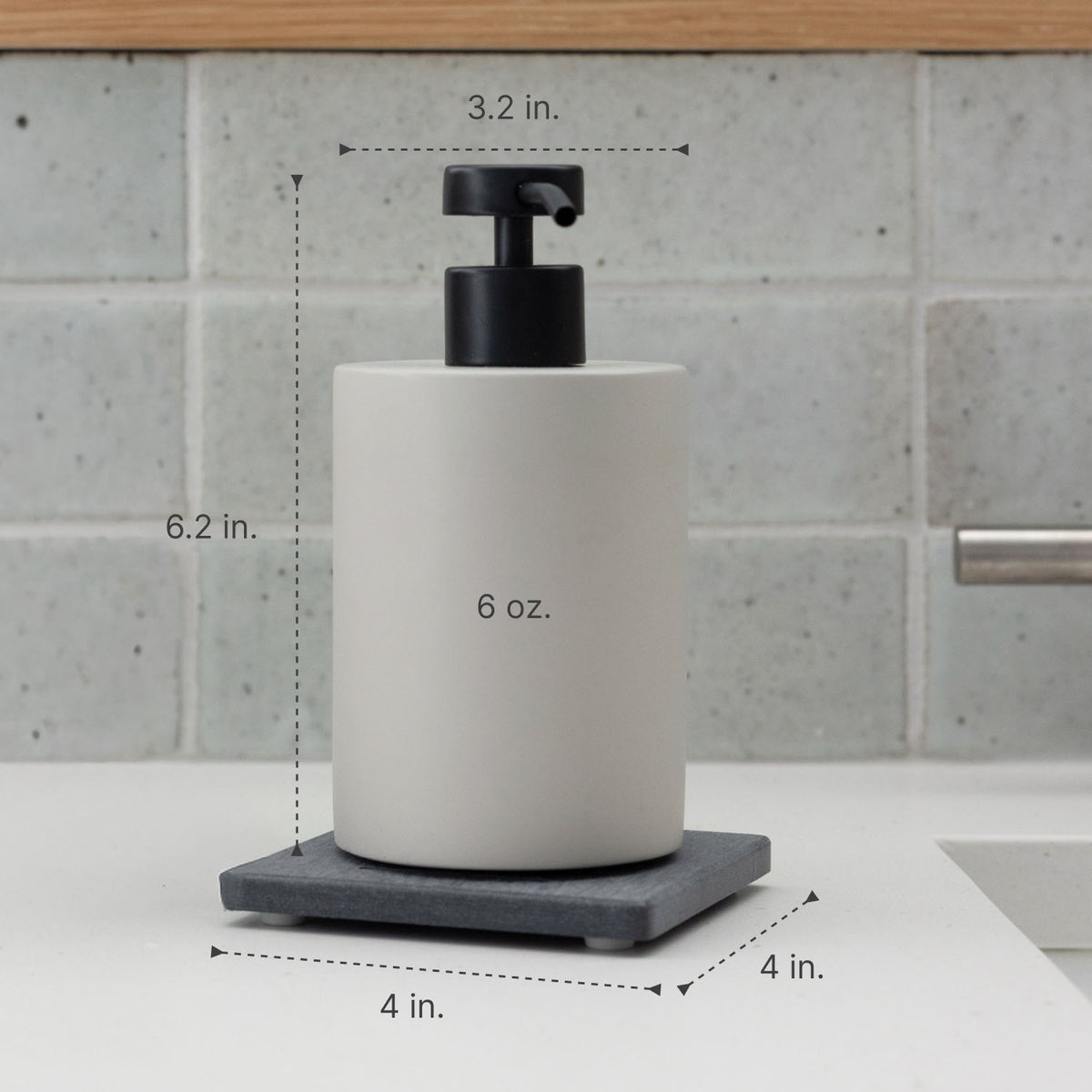 Slate Soap Dispenser and Soap Caddy: 3.2" x 6.2" x 4". Holds 6 oz of soap. 
