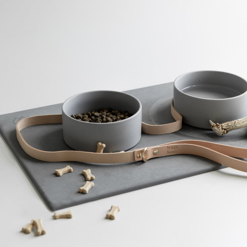 Two gray pet bowls on a tray with a beige leash, on a stone mat for catching drool