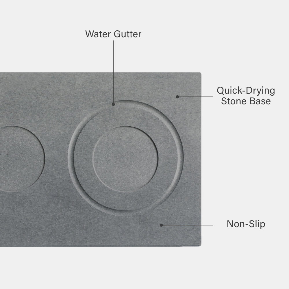 Gray stone dog mat with labeled features including water gutter, quick-drying stone base, and non-slip texture.
