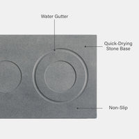 Gray stone dog mat with labeled features including water gutter, quick-drying stone base, and non-slip texture.