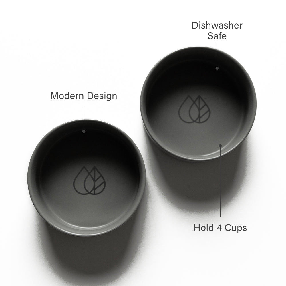 Two ceramic dog bowls with a leaf logo on a white background, labeled 'Modern Design', 'Dishwasher Safe', and 'Hold 4 Cups'.