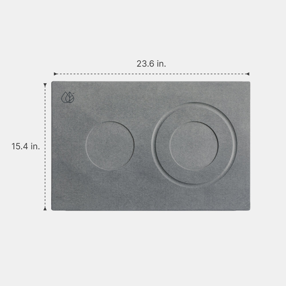 Gray mat with two circular depressions and dimensions on a white background