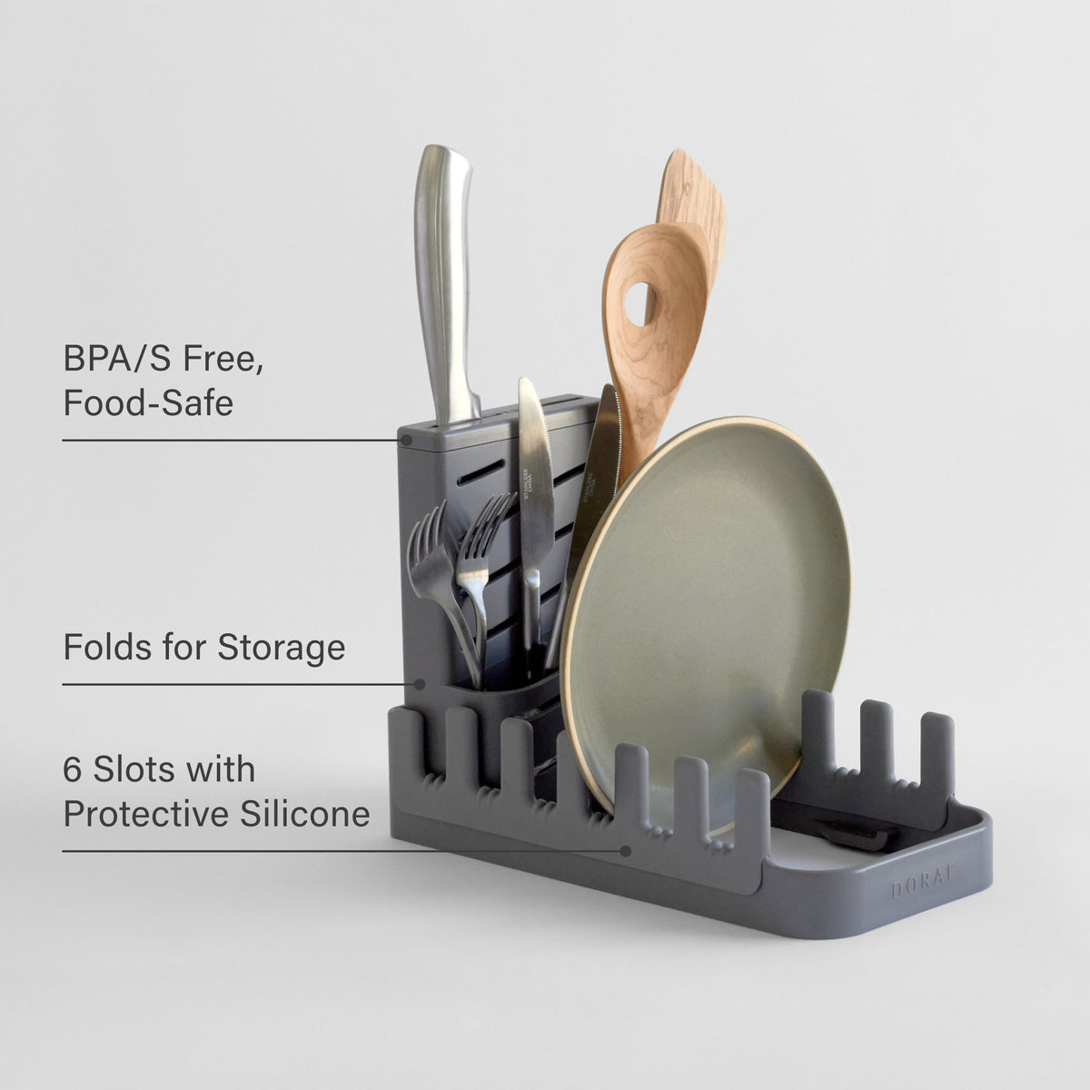 Slate Dish Pad Rack: Folds for Storage, BPA/S Free, Food-Safe, 6 Slots with Protective Silicone