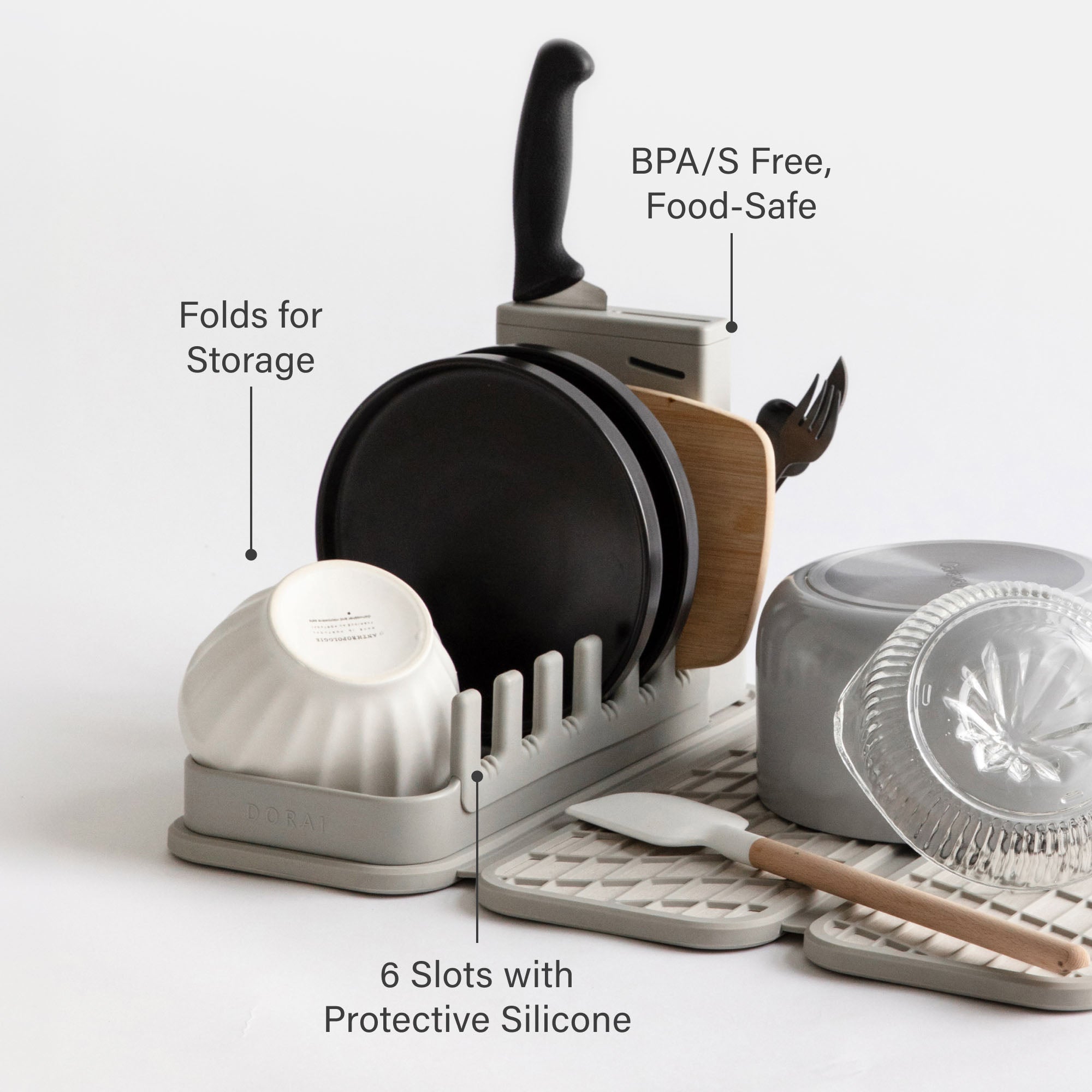 Sandstone Over the Sink Dish Pad: Folds for Storage, BPA Free, 6 Protective Slots with Silicone.