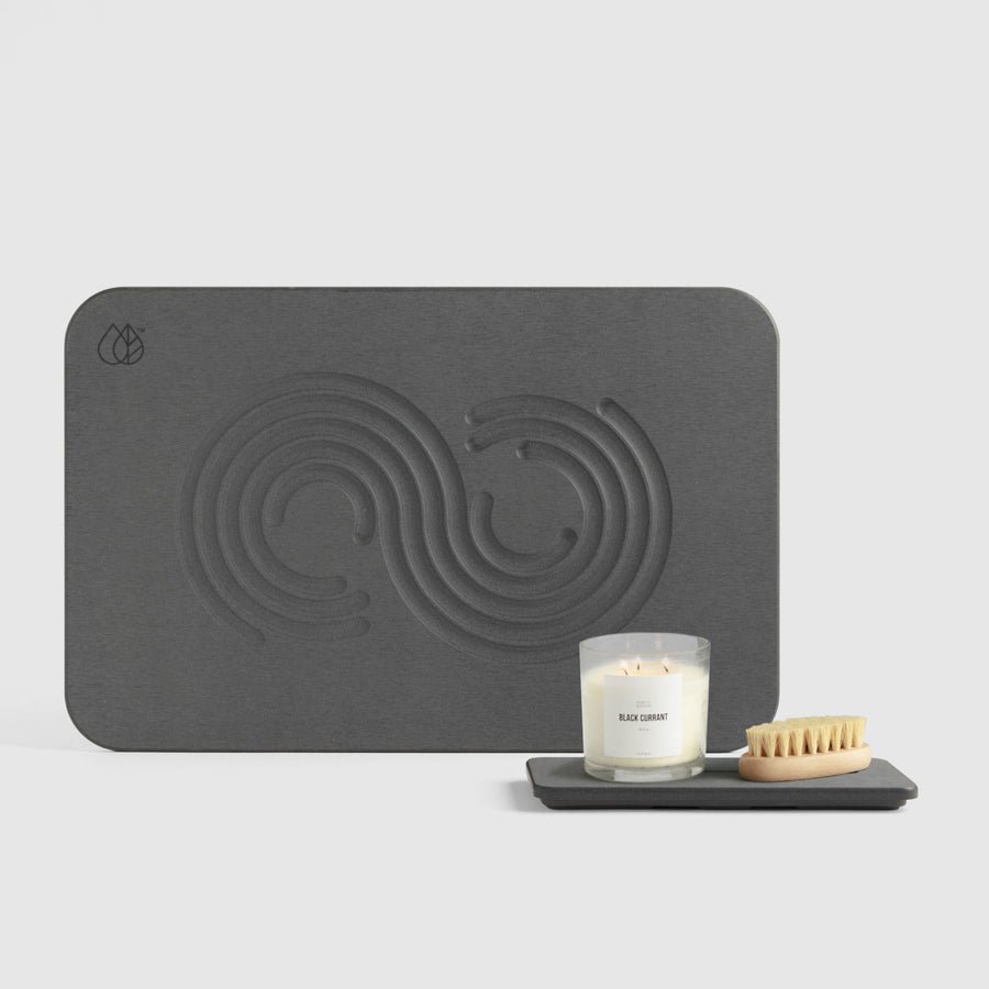 Slate Zen Bath Stone Mat and Slate Stone Sink Caddy on white background. 