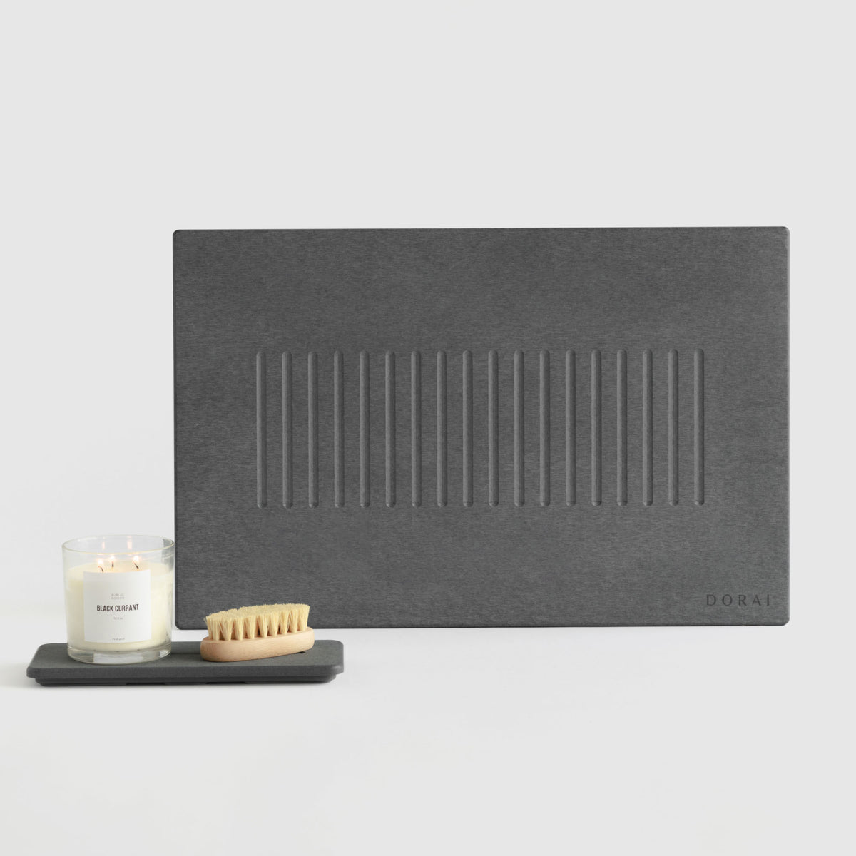 Slate Aspen Bath Stone Mat and Slate Stone Sink Caddy on white background. 