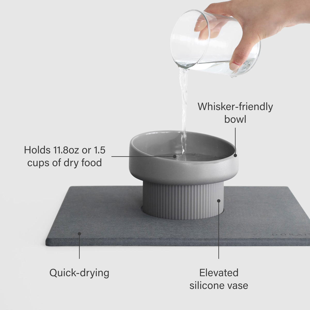 Elevated Cat Bowl and Stone Base: Holds 11.8oz or 1.5 cups of dry food, whisker-friendly bowl, elevated silicone base, quick-drying.
