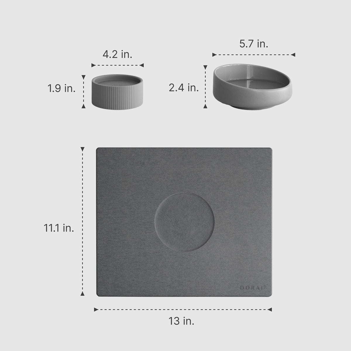 Cat Drying Stone Base: 11.1" x 13"; Cat Riser: 1.9" x 4.2"; Cat Bowl: 5.7" x 2.4"
