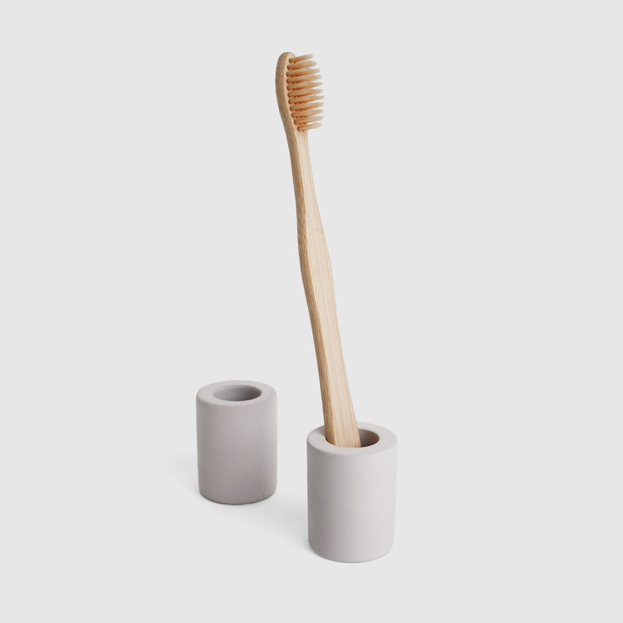 Small Light Gray Toothbrush Holder Two-Pack on White Background.