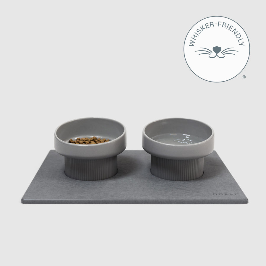 Elevated Cat Feeding Station with food and water on quick-drying stone mat on white background | Whisker-Friendly