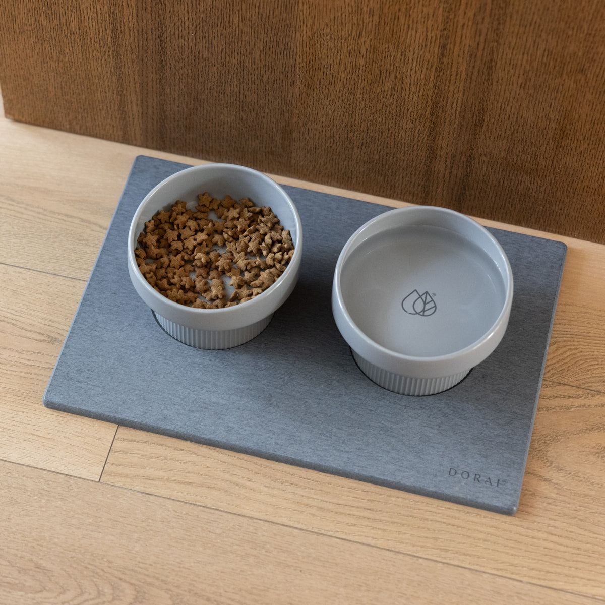 Elevated Cat Feeding Station with food and water on quick-drying stone mat.