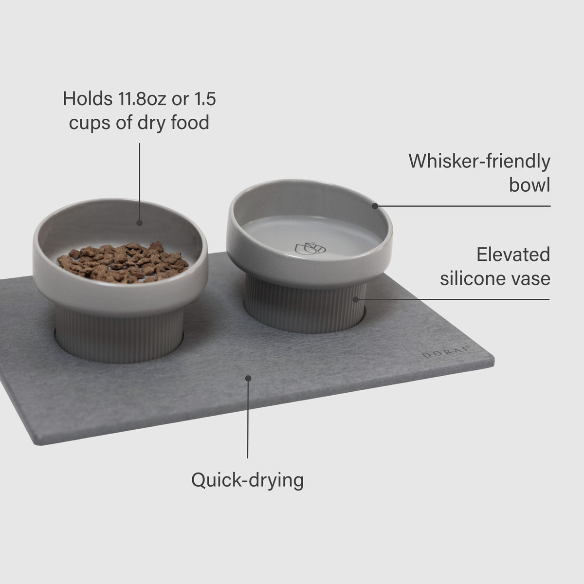 Elevated Cat Feeding Station: Holds 11.8oz or 1.5 cups of dry food, whisker-friendly bowl, elevated silicone vase, quick-drying.