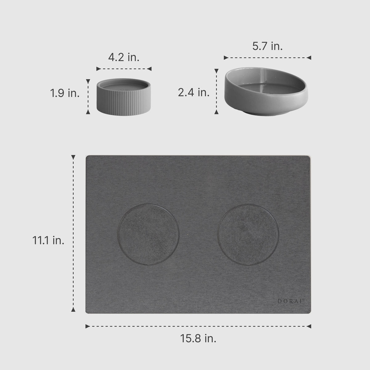 Cat Drying Stone Base: 11.1" x 15.8"; Cat Riser: 1.9" x 4.2"; Cat Bowl: 5.7" x 2.4"