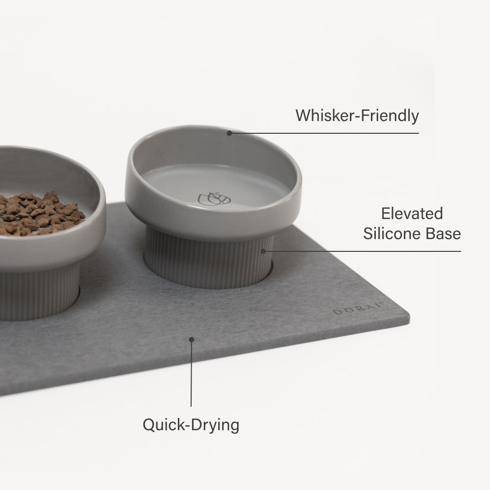 modern ceramic gray pet bowls with features labeled on a white background