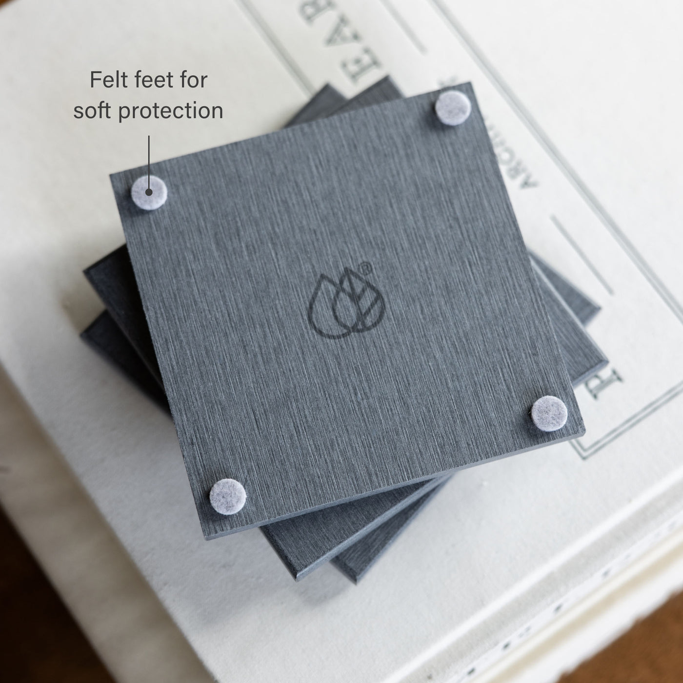 Coasters with felt feet for soft protection on bottom. 